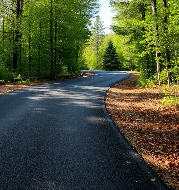 Fresh blacktop driveway winding through North Country woods